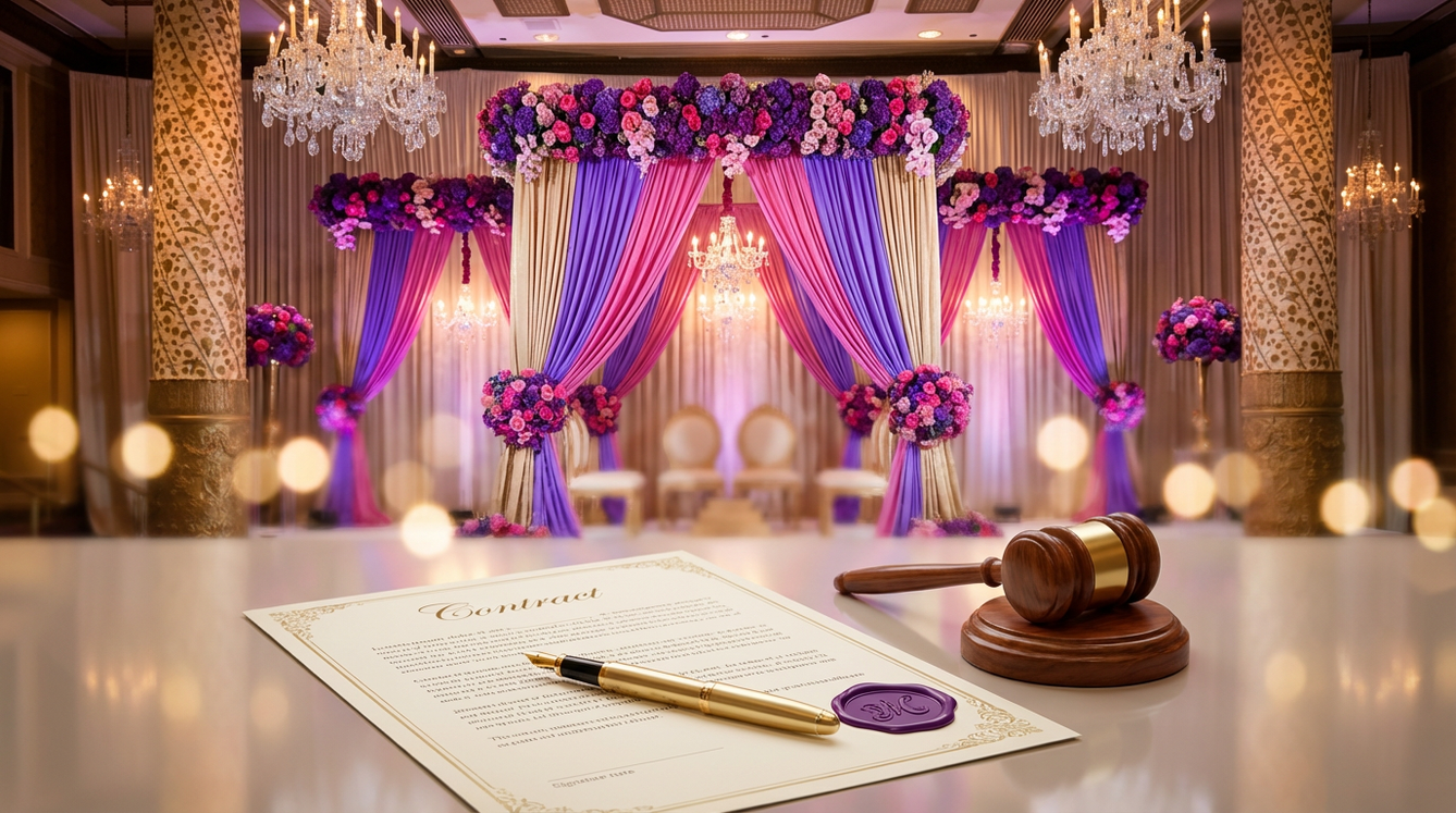 Wedding vendor contract and Indian wedding mandap - legal protection guide for shaadi planning with purple and pink decorations