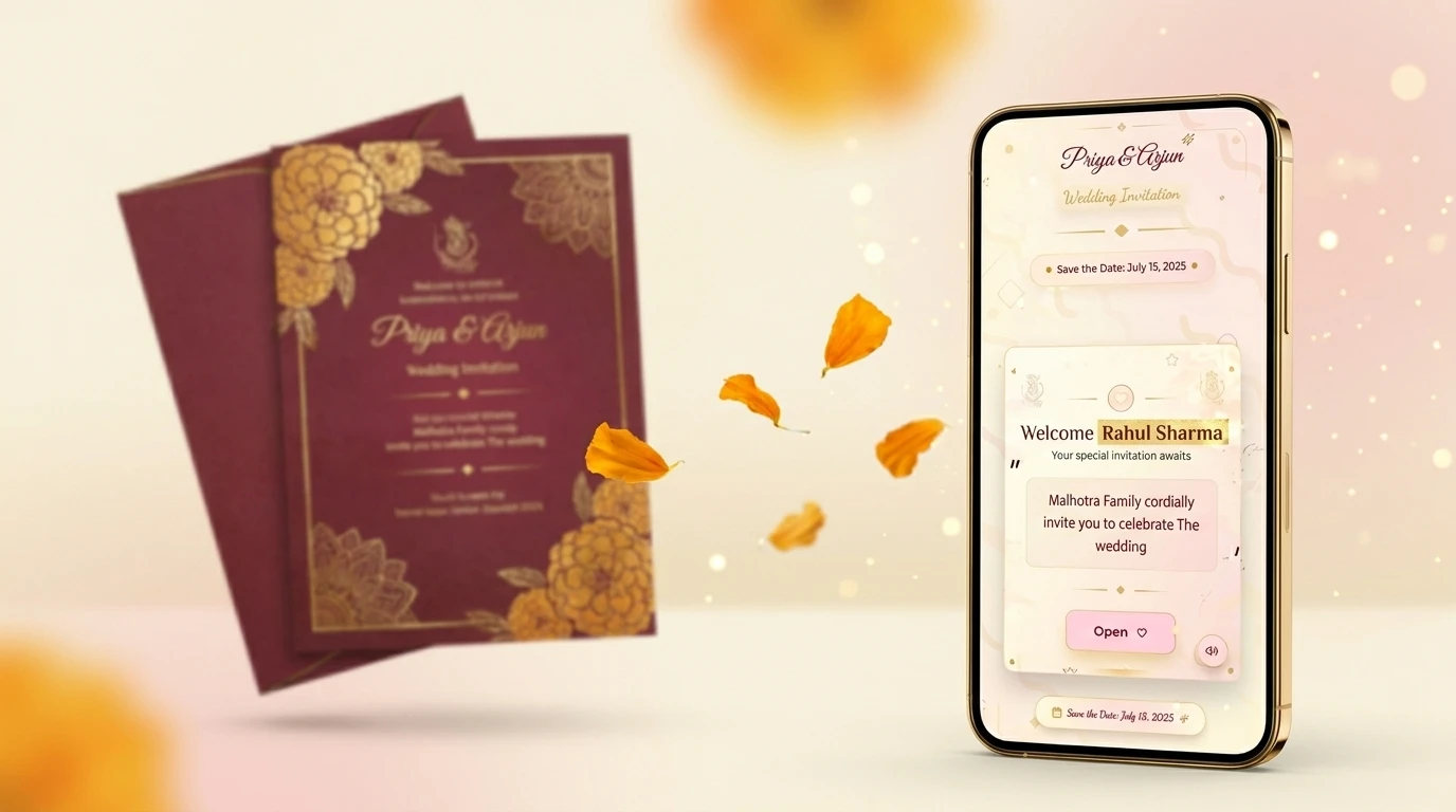 Indian wedding invitation moving from a printed card to a personalized digital invite on a phone