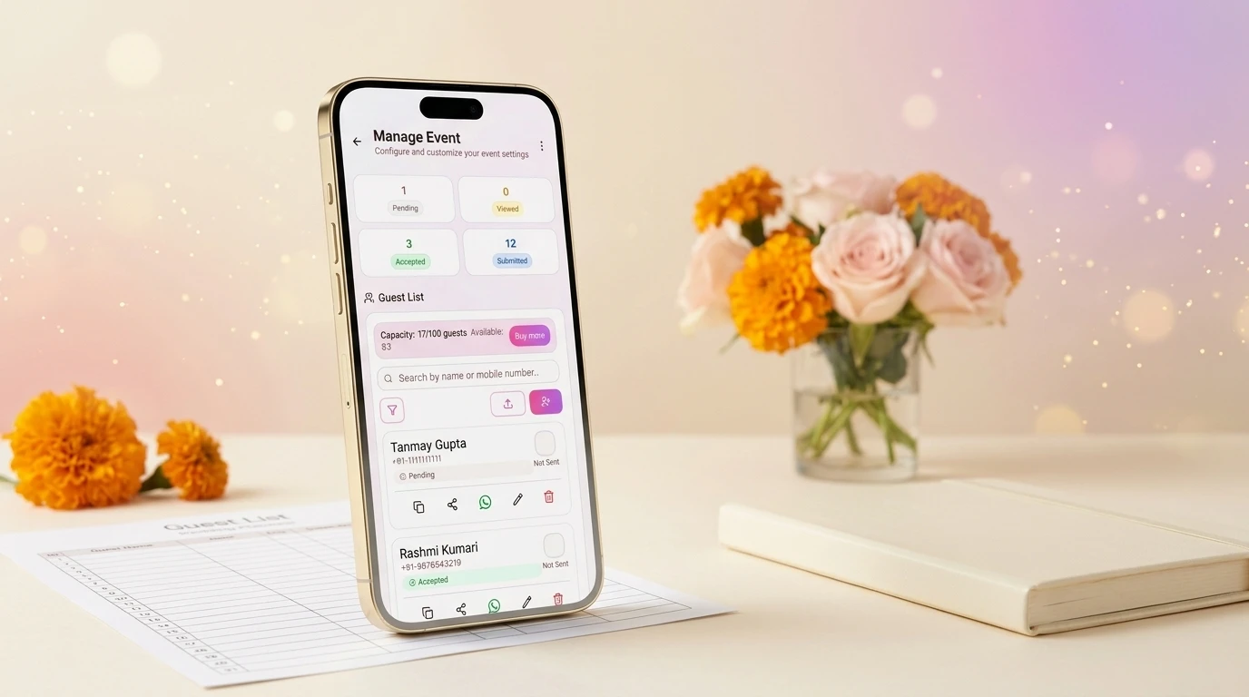Utsavy host dashboard showing live RSVP status — Pending, Viewed, Accepted and Submitted — for every guest
